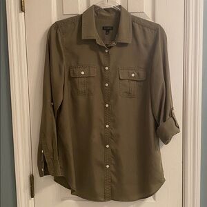 Talbots Size Small Olive Green Lyocell Utility Shirt with Roll Tab Sleeves - GUC
